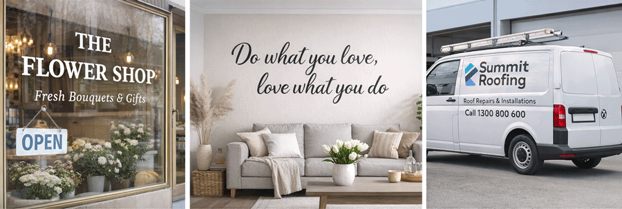 Custom vinyl lettering for shop windows, walls, and vehicles